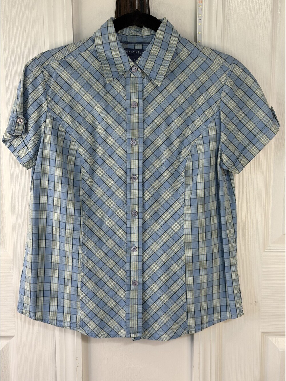 Mountain Lake Top Womens S Blue Plaid Short Sleeve Button Front Shirt Blouse